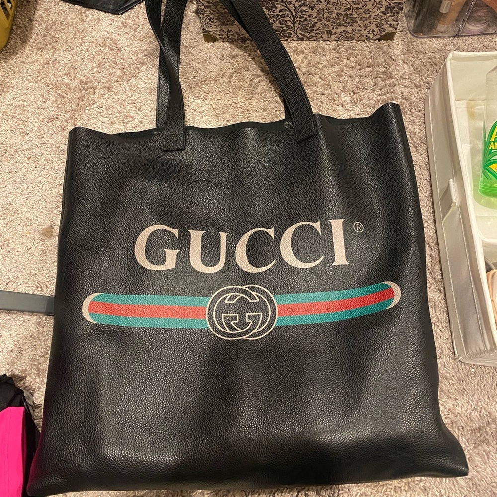 Gucci Leather Logo Print Tote